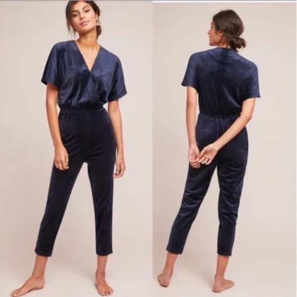 Anthropologie Saturday/Sunday Arlena Blue Velour Velvet Elastic Waist Jumpsuit M - Picture 1 of 9